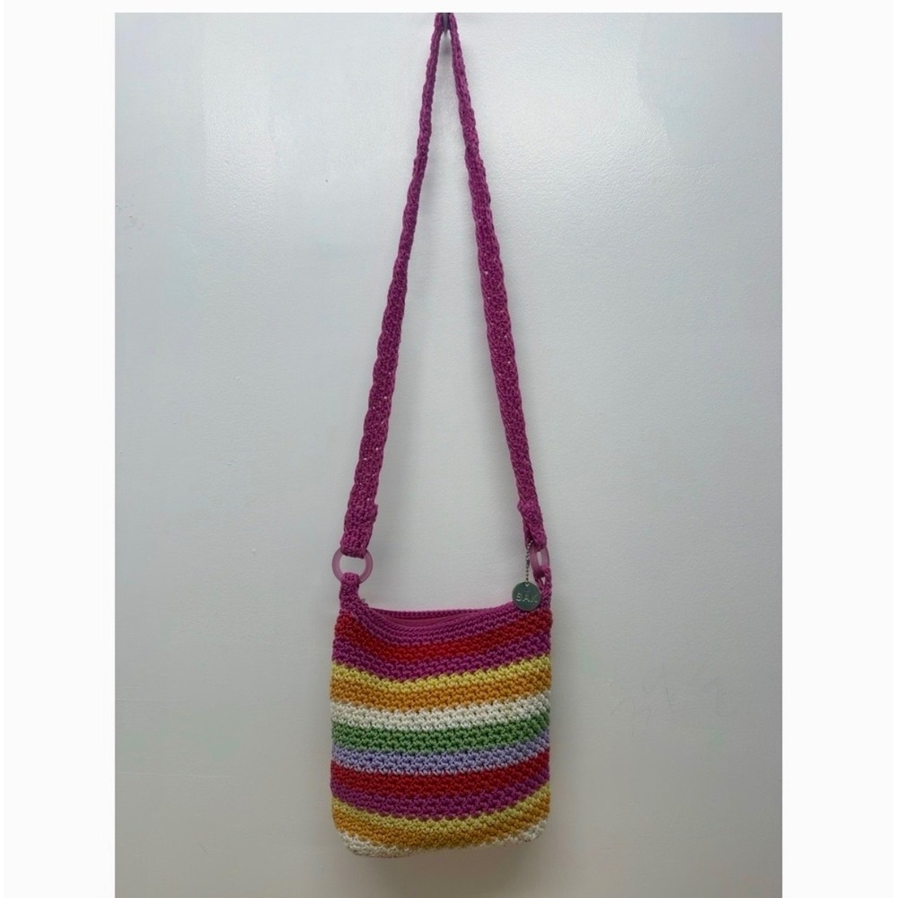 The SAK Original Pink Multicolor Striped Zippered Crochet Handbag Crossbody #50 - Picture 2 of 11